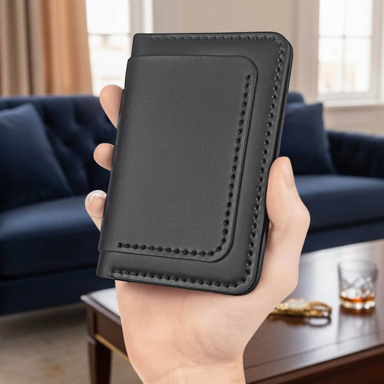 MODISTIAZ black faux leather slim travel wallet with passport holder and card slots.
